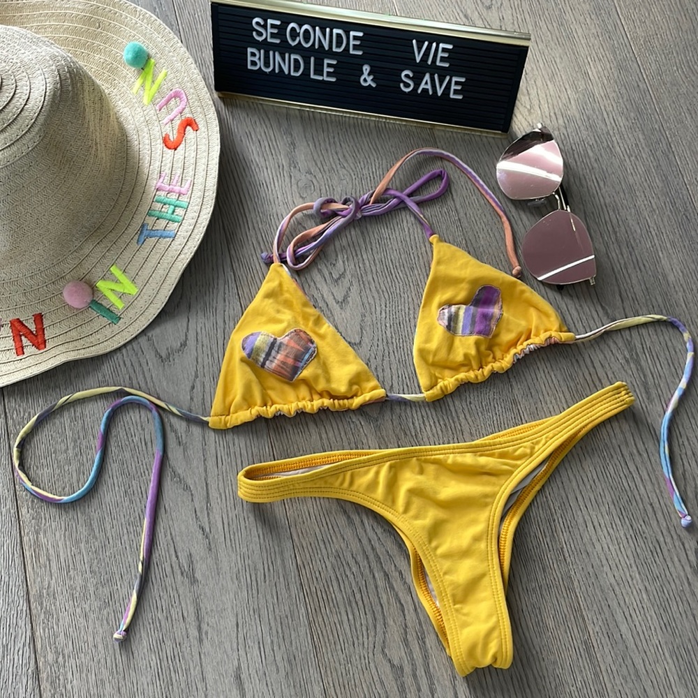 San Lorenzo yellow and purple cheeky reversible bikini